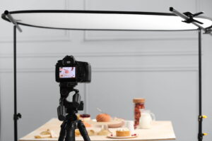 Behind-the-scenes setup of professional commercial food photography for a Phoenix restaurant menu.
